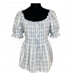 BLUE PEPPER Blue Checkered Top 1XL Short Sleeves W/Ruffle Hem ,Strap Detail NWT